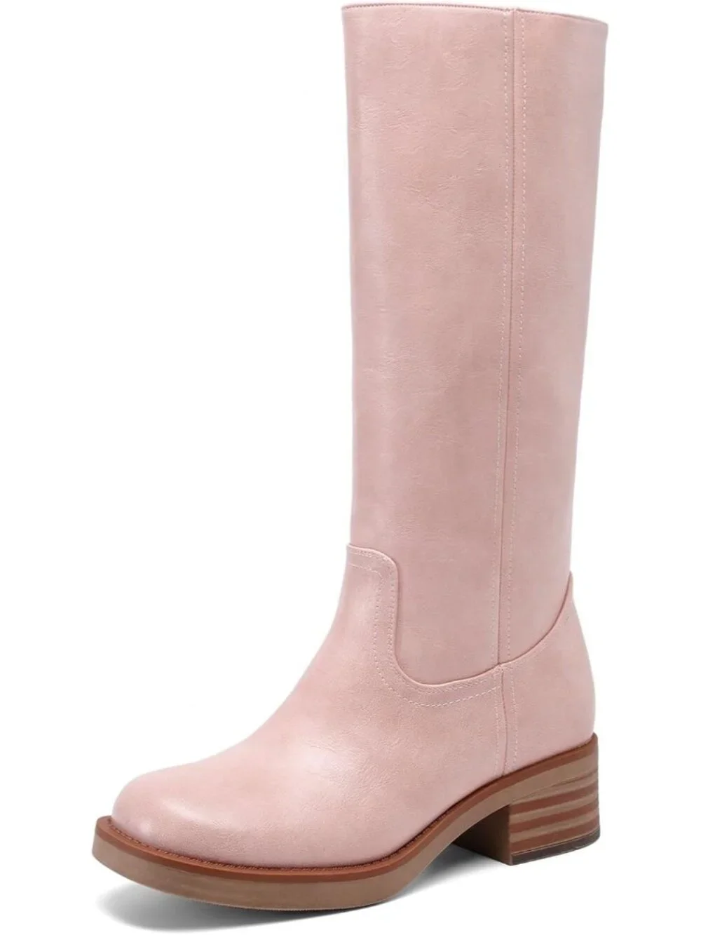 Women's Pink Faux Leather Square Toe Chunky Block Heel Knee High Riding Boots